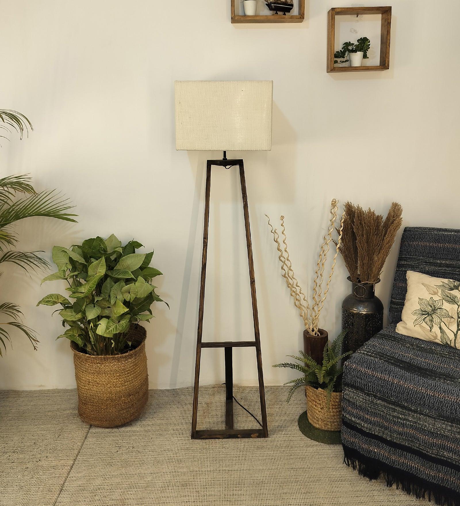 Angular Wooden Floor Lamp with Brown Base and Premium Beige Fabric Lampshade - WoodenTwist