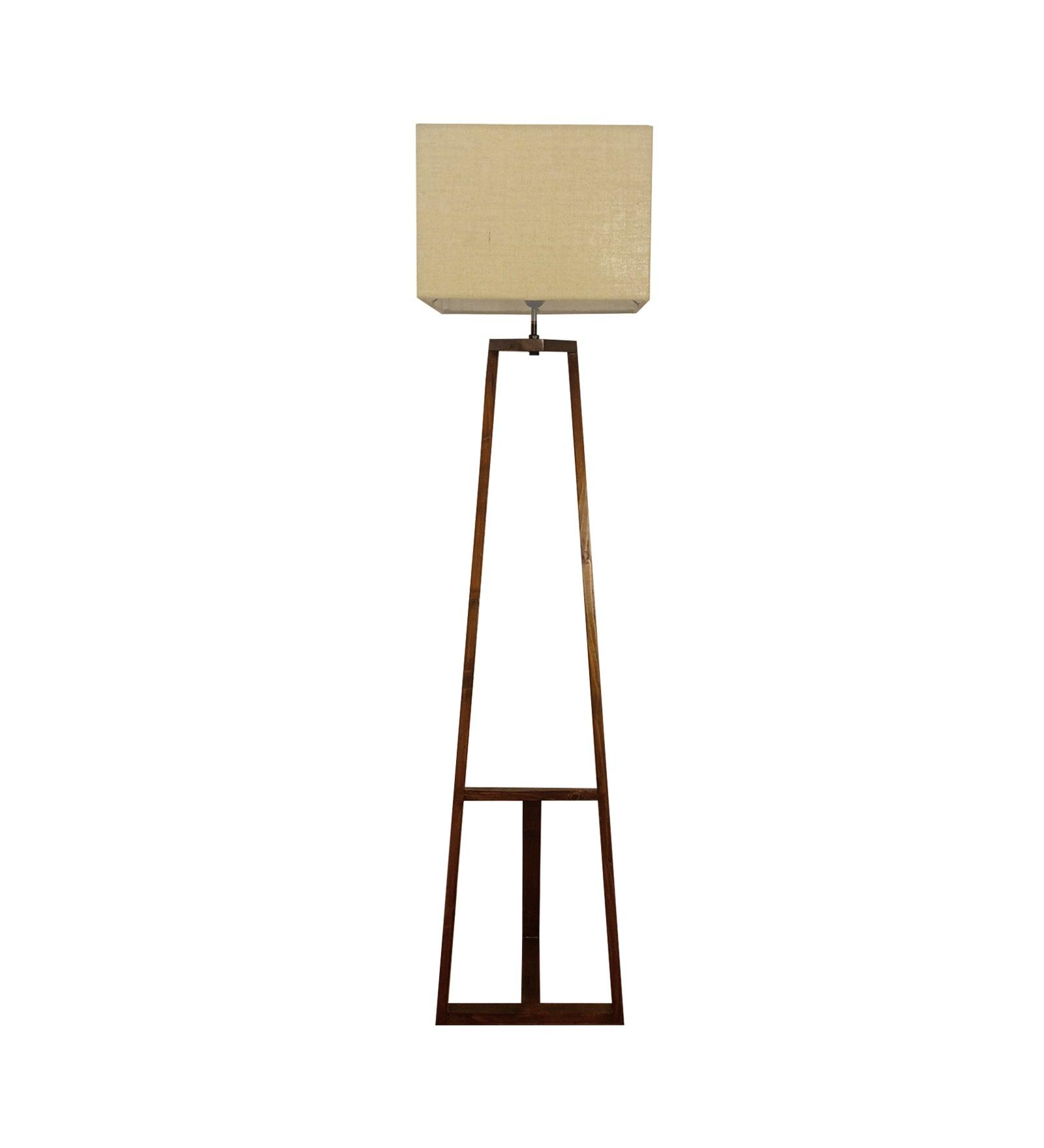 Angular Wooden Floor Lamp with Brown Base and Premium Beige Fabric Lampshade - WoodenTwist