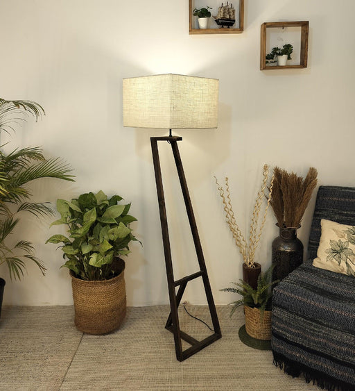 Angular Wooden Floor Lamp with Brown Base and Premium Beige Fabric Lampshade - WoodenTwist
