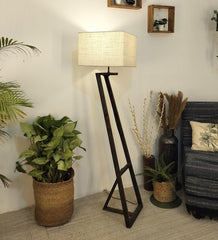 Angular Wooden Floor Lamp with Brown Base and Premium Beige Fabric Lampshade - WoodenTwist