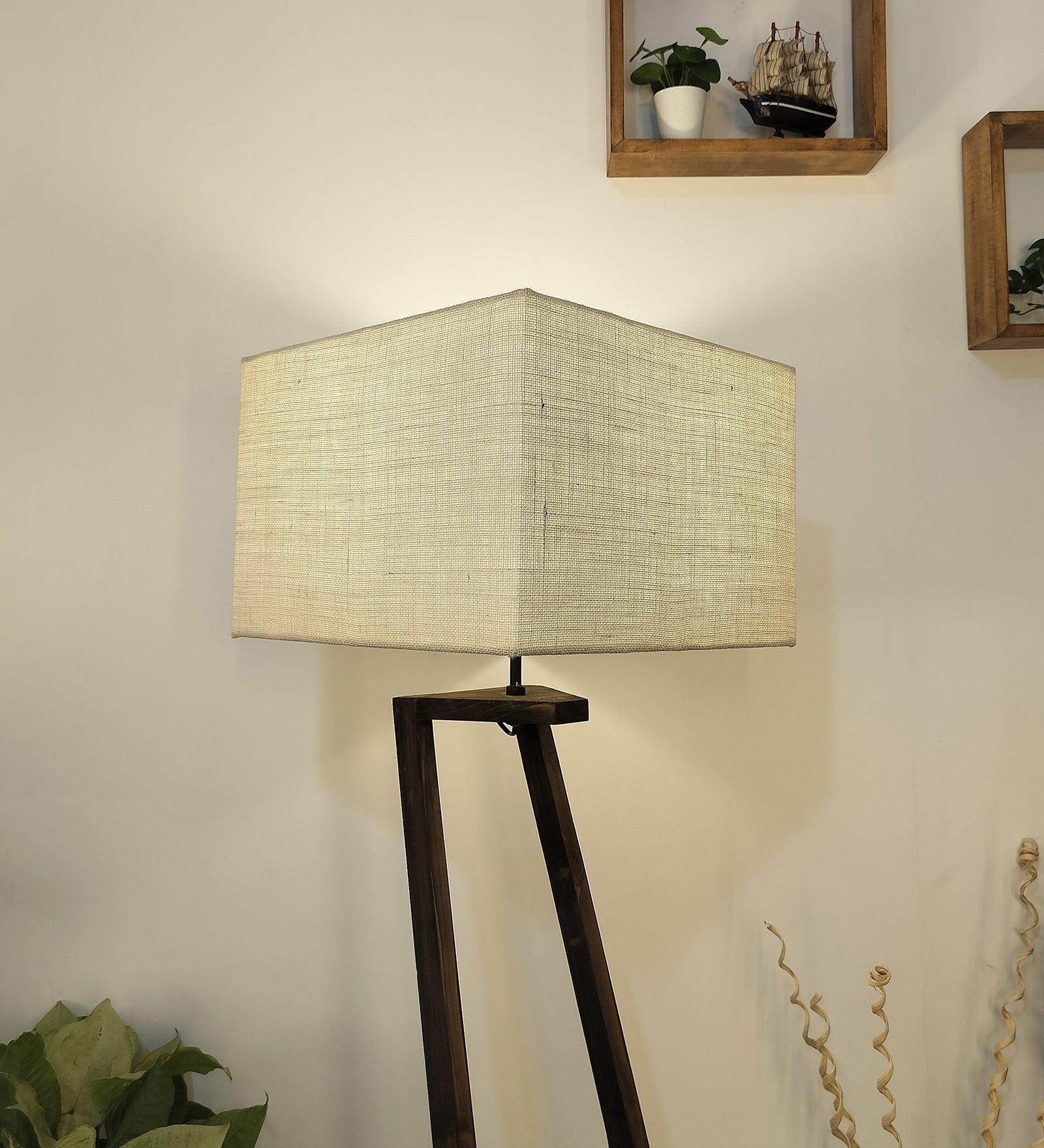 Angular Wooden Floor Lamp with Brown Base and Premium Beige Fabric Lampshade - WoodenTwist