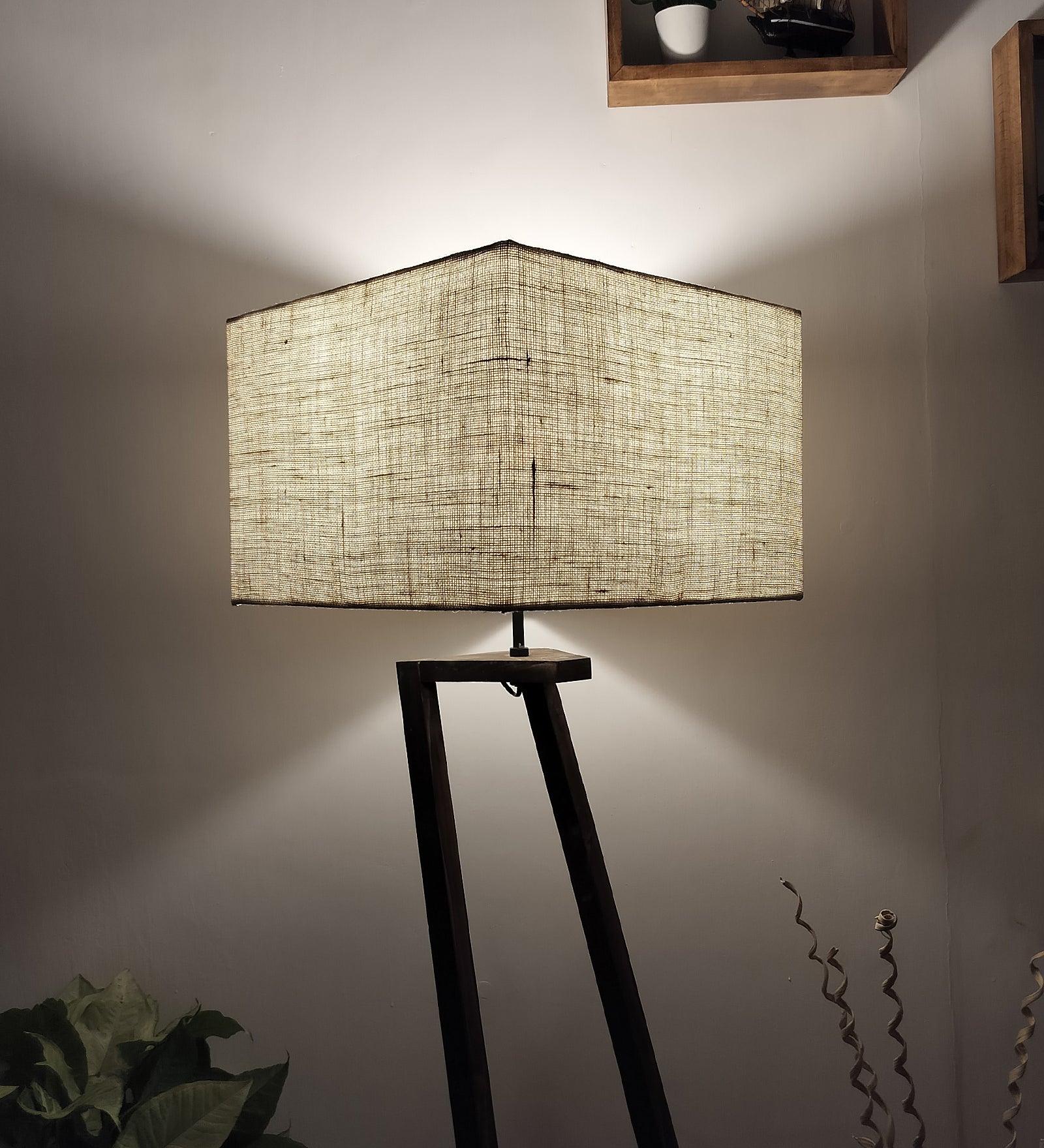 Angular Wooden Floor Lamp with Brown Base and Premium Beige Fabric Lampshade - WoodenTwist