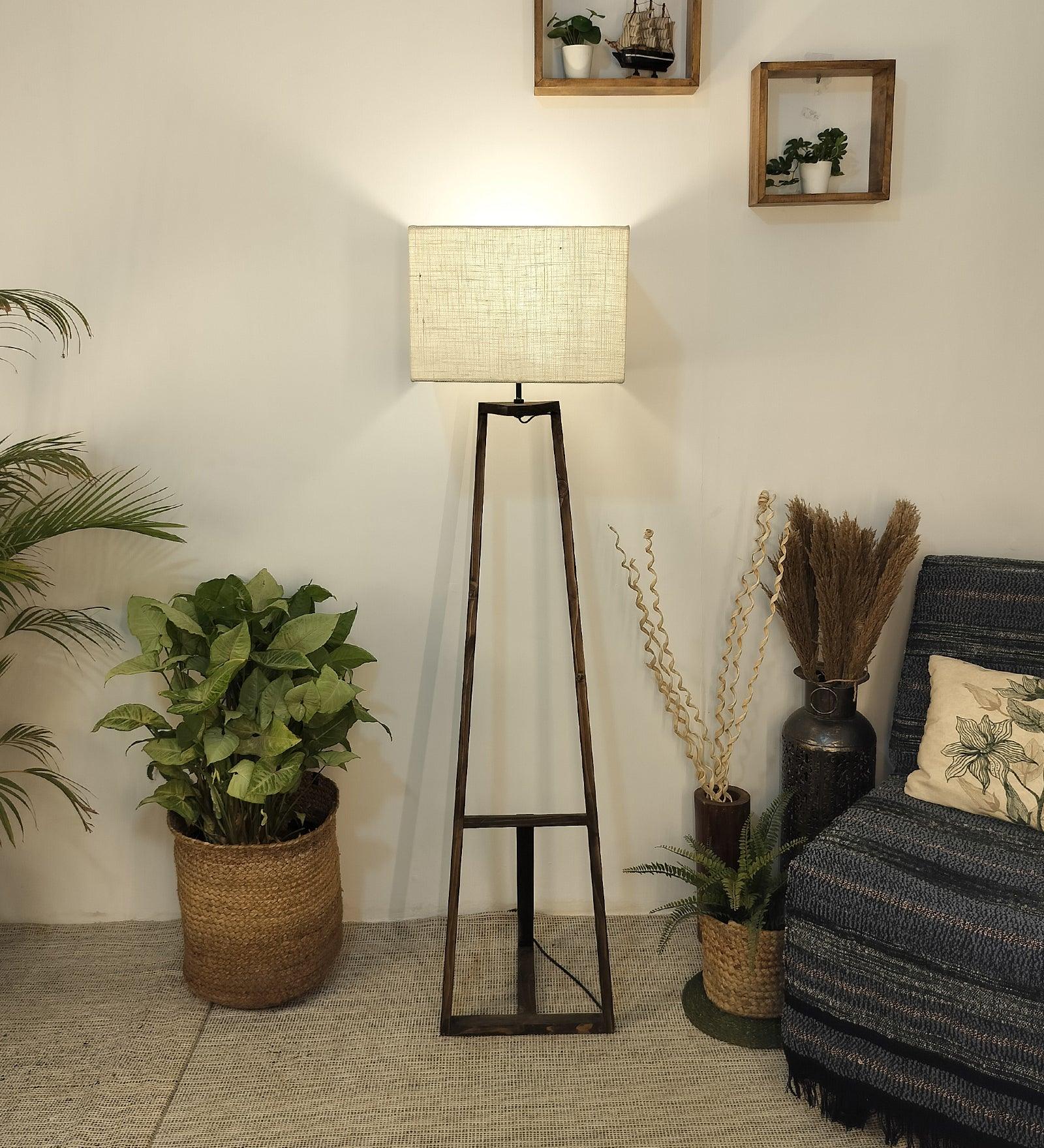 Angular Wooden Floor Lamp with Brown Base and Premium Beige Fabric Lampshade - WoodenTwist