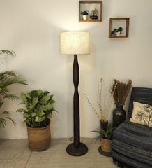 Aristro Wooden Floor Lamp with Brown Base and Jute Fabric Lampshade - WoodenTwist