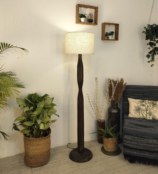 Aristro Wooden Floor Lamp with Brown Base and Jute Fabric Lampshade - WoodenTwist