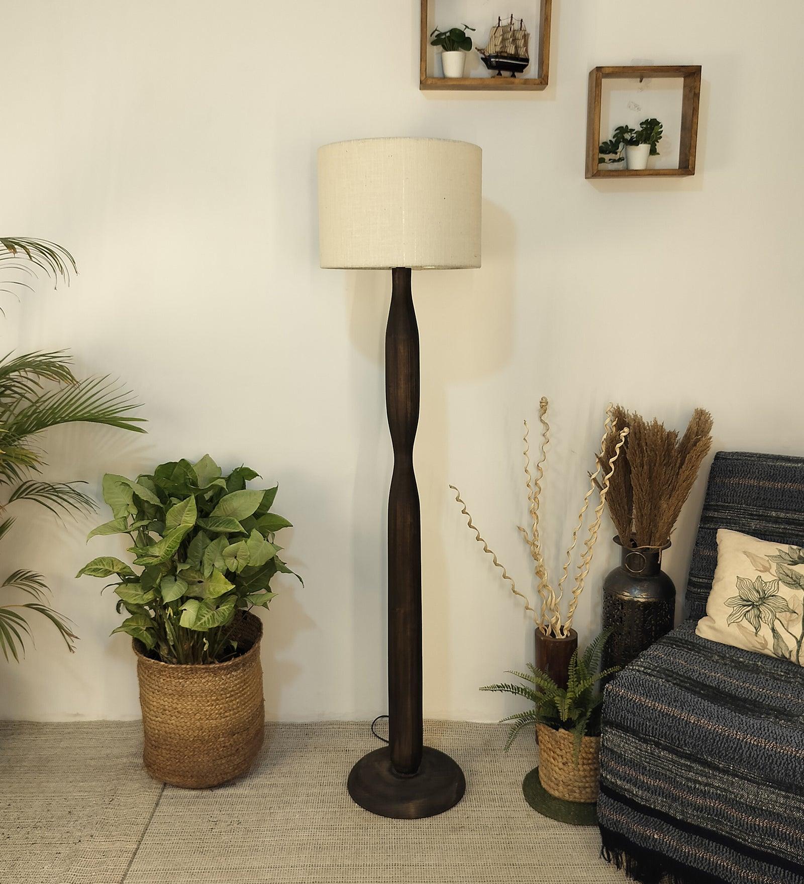 Aristro Wooden Floor Lamp with Brown Base and Jute Fabric Lampshade - WoodenTwist