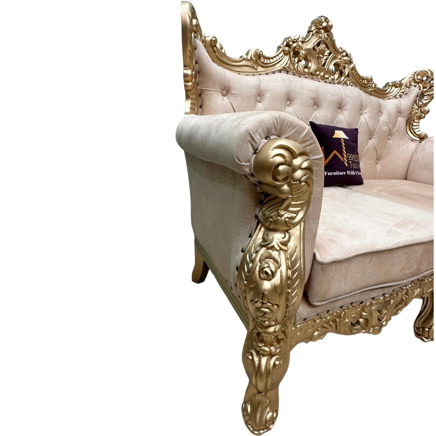 Wooden Boutique French Baroque Style Golden Leaf Hand Carved Sofa (2 Seater) - WoodenTwist