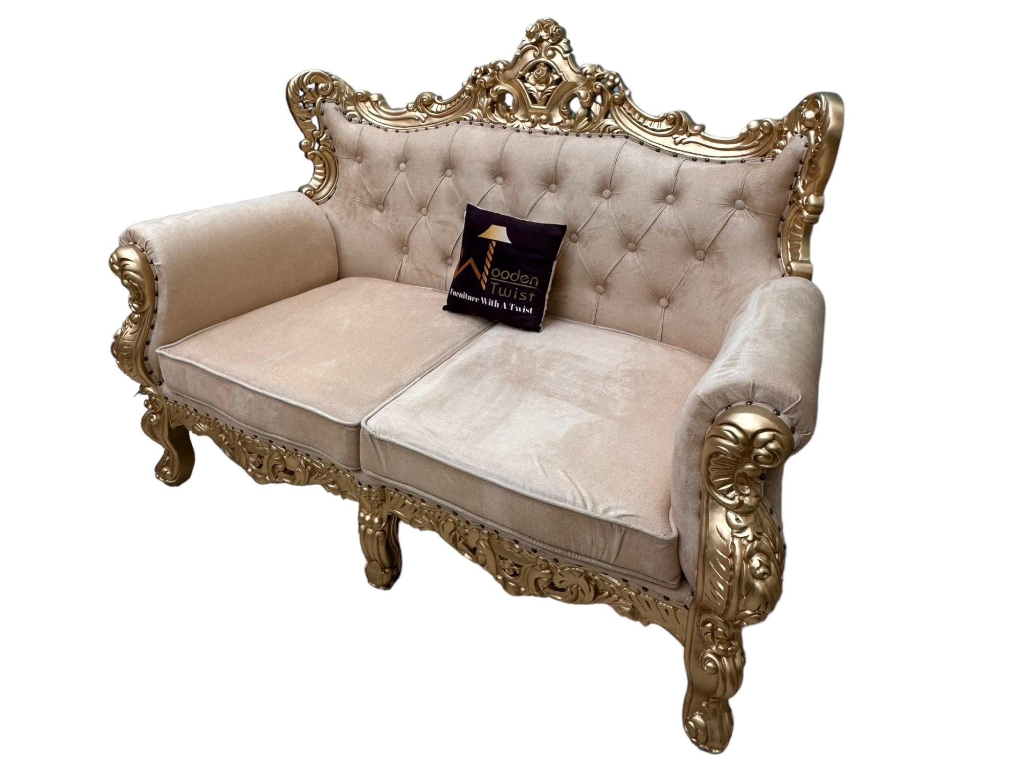 Wooden Boutique French Baroque Style Golden Leaf Hand Carved Sofa (2 Seater) - WoodenTwist