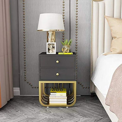 Luxurious Square Iron Side Table with Drawer and Lamp Stand - Black