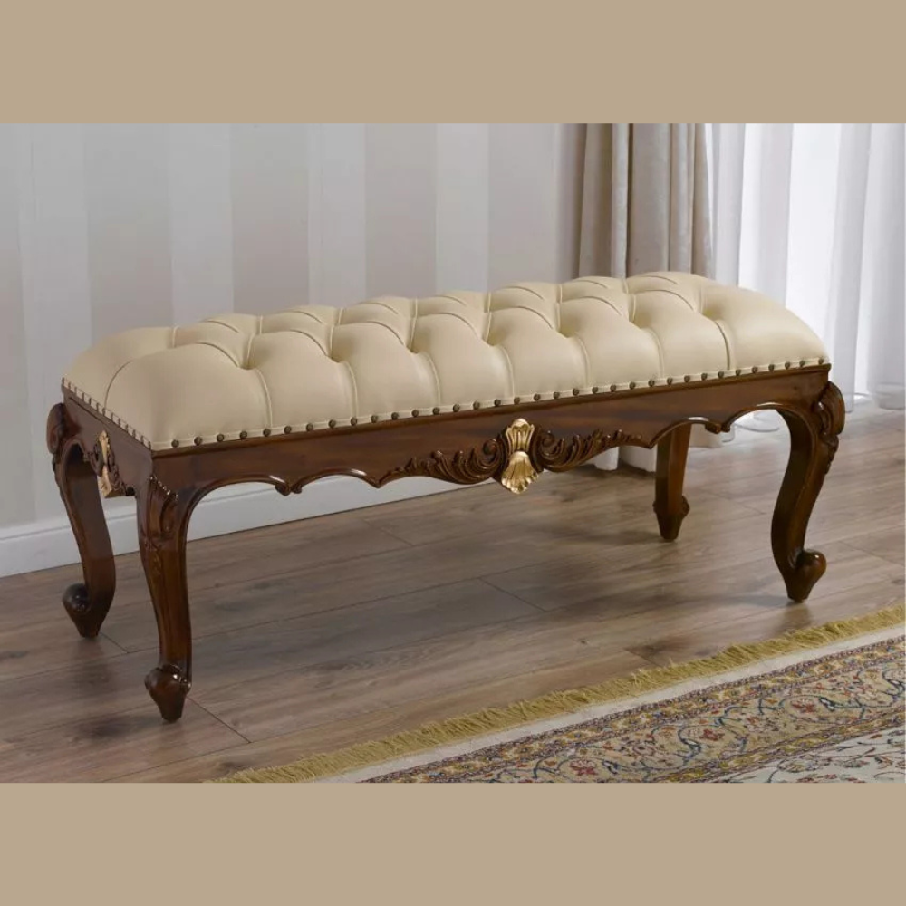 Wooden Twist Baroque Style Hand Carved Teak Wood Button Tufted Bench (Walnut and Gold Leaf)