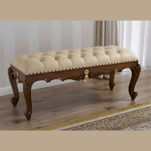 Wooden Twist Baroque Style Hand Carved Teak Wood Button Tufted Bench (Walnut and Gold Leaf) - WoodenTwist