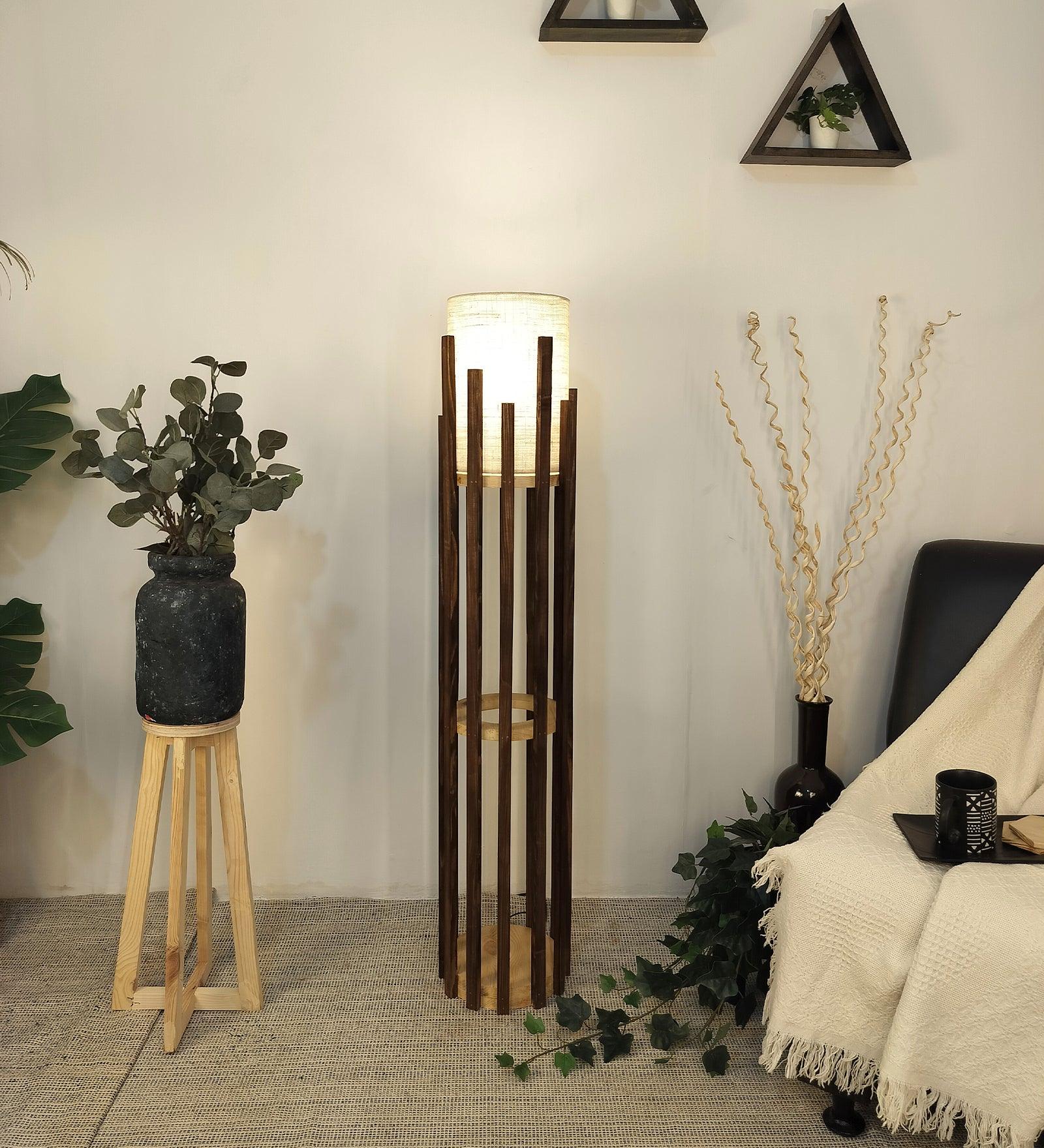 Bastian Wooden Floor Lamp with Brown Base and White Fabric Lampshade - WoodenTwist