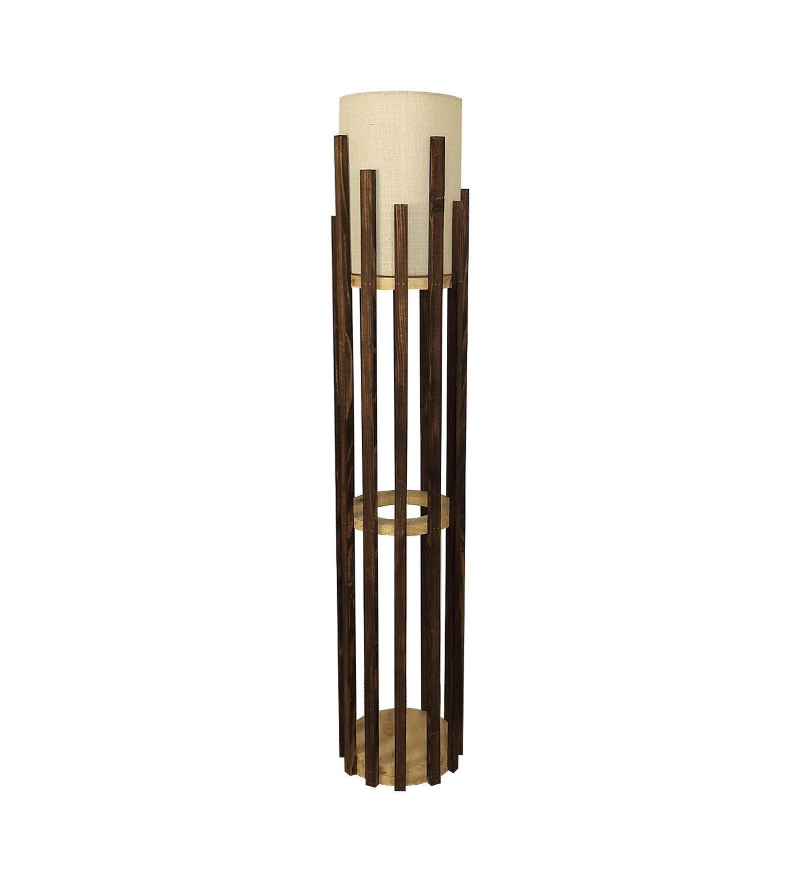 Bastian Wooden Floor Lamp with Brown Base and White Fabric Lampshade - WoodenTwist