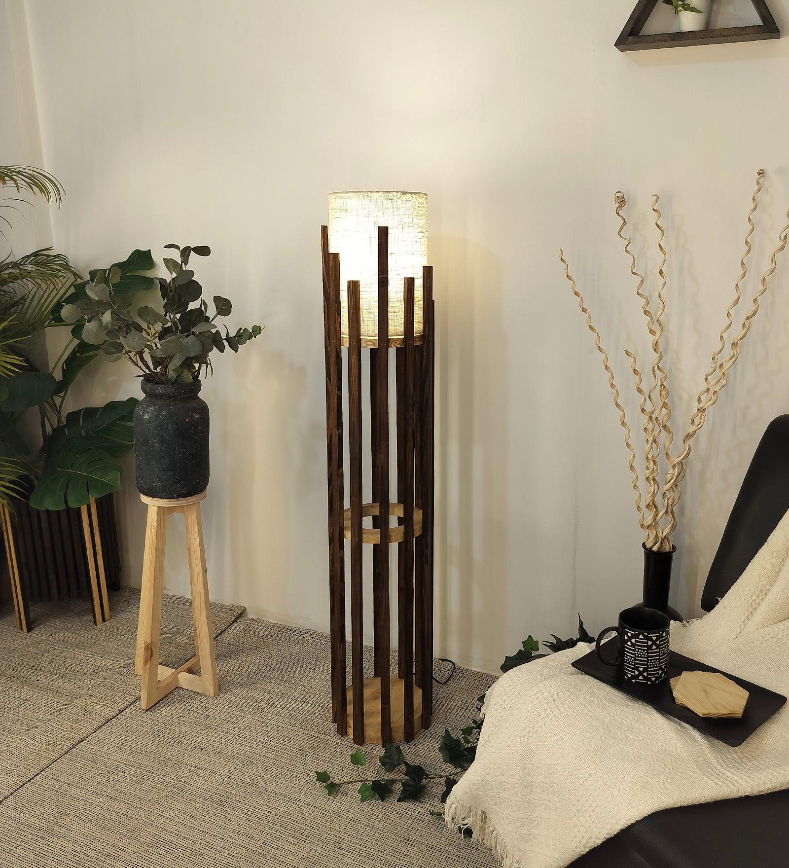 Bastian Wooden Floor Lamp with Brown Base and White Fabric Lampshade - WoodenTwist