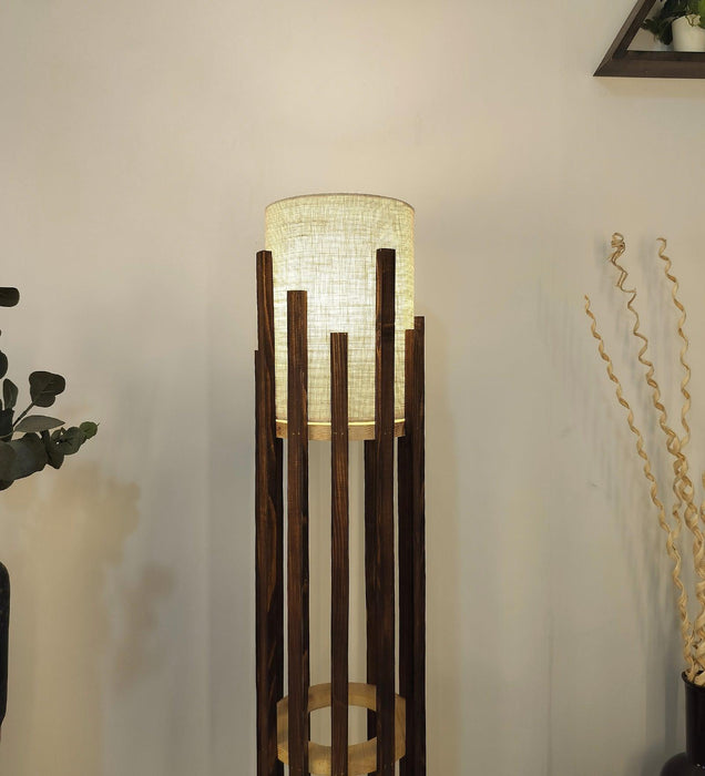 Bastian Wooden Floor Lamp with Brown Base and White Fabric Lampshade - WoodenTwist