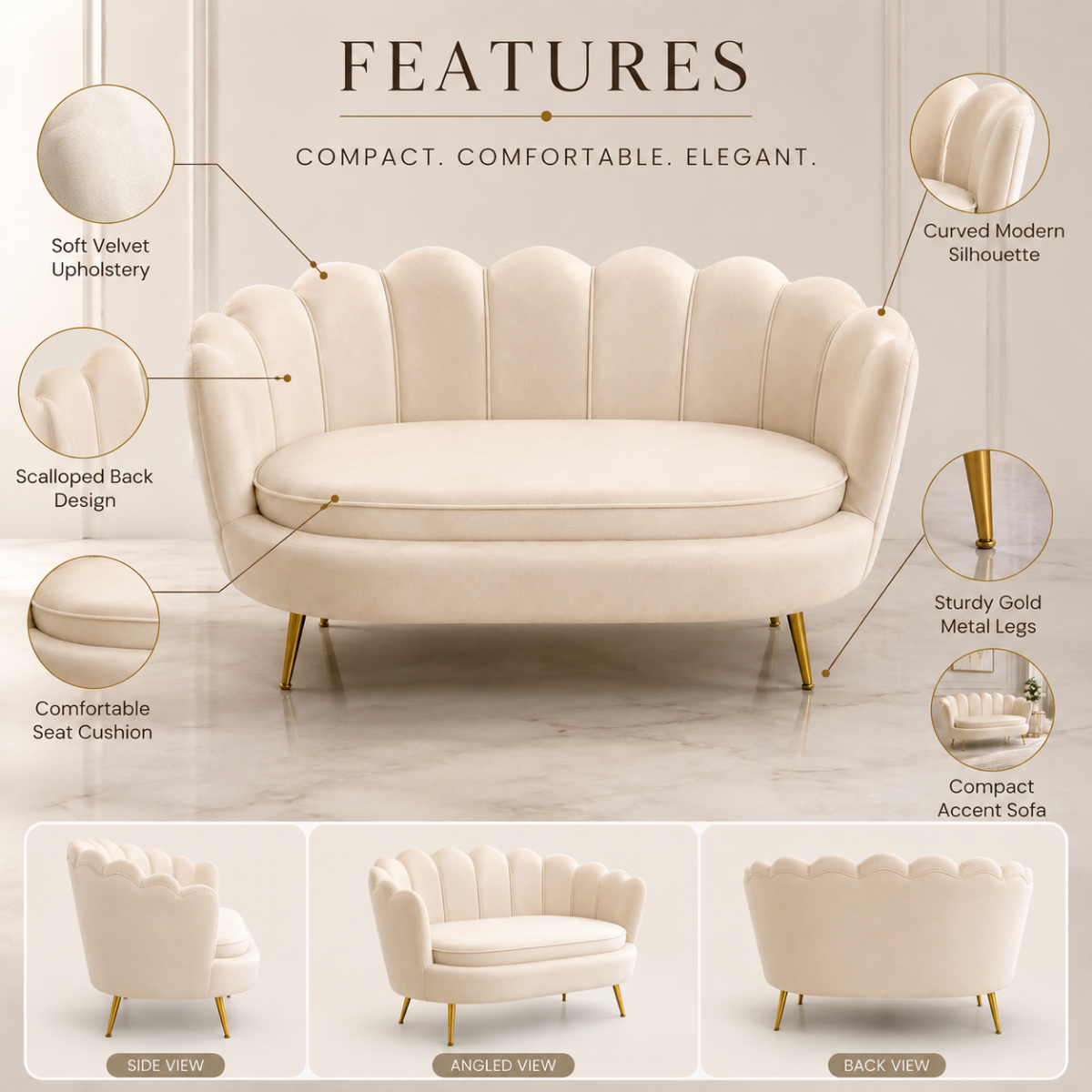 Wooden Twist Terciopelo Flared Arm Solid Wood Metal Legs Velvet Fabric Loveseat Modern Chaise Lounge