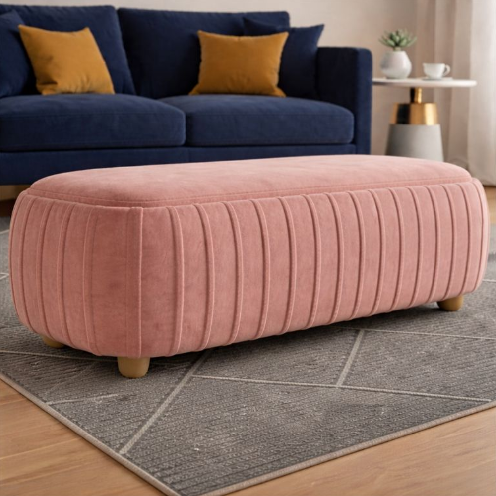 A blush pink boucle bench with modern elegance