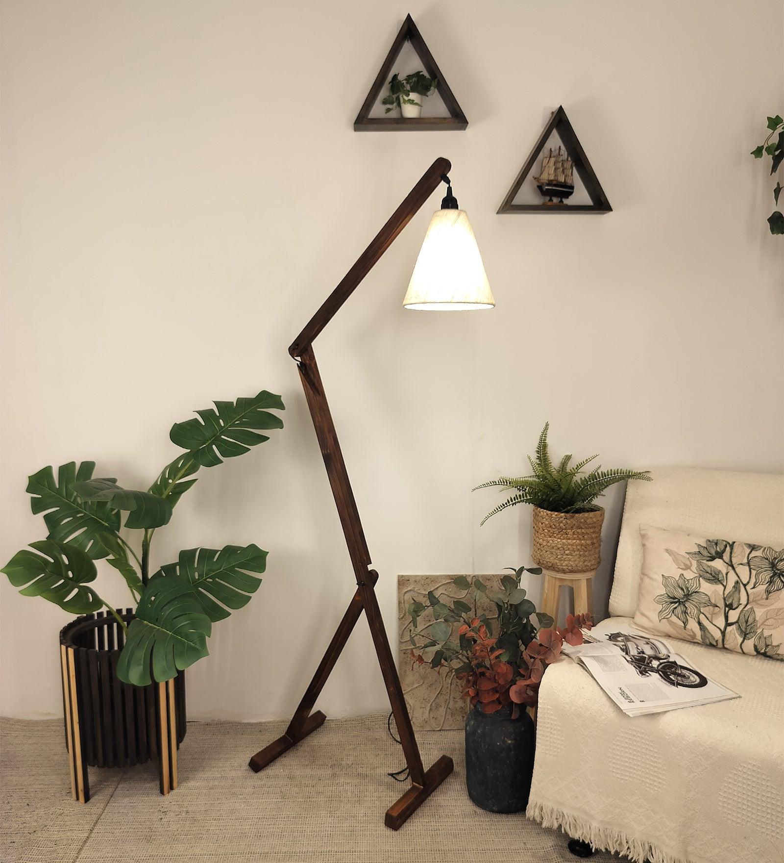 Benji Wooden Floor Lamp with Brown Base and Beige Fabric Lampshade - WoodenTwist