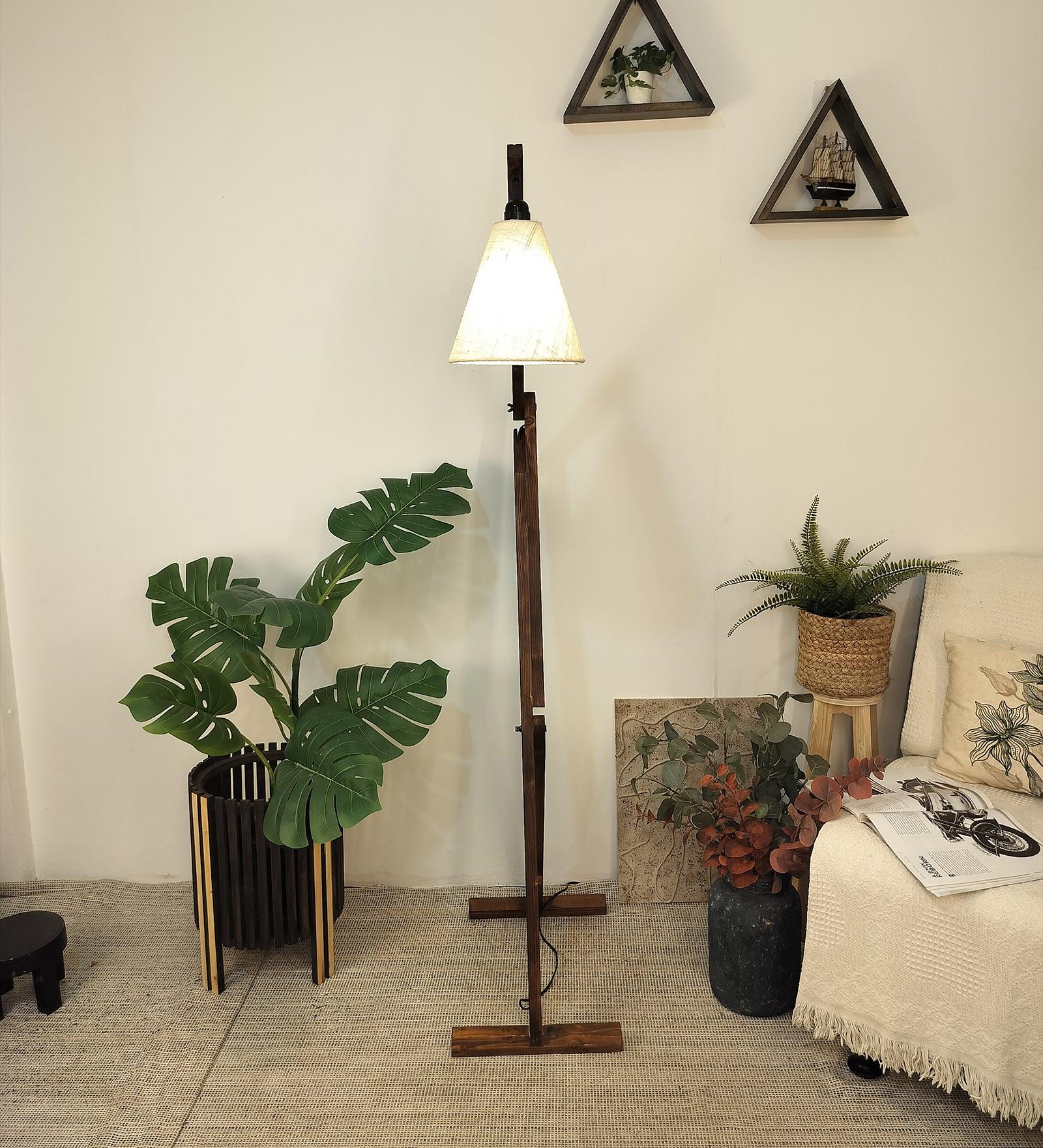 Benji Wooden Floor Lamp with Brown Base and Beige Fabric Lampshade - WoodenTwist