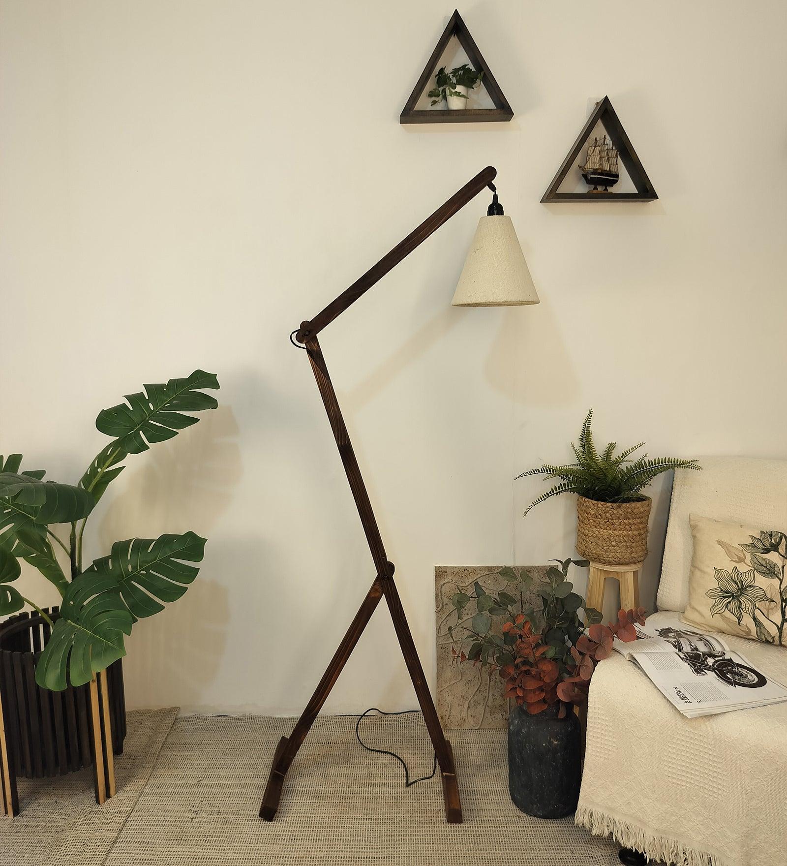 Benji Wooden Floor Lamp with Brown Base and Beige Fabric Lampshade - WoodenTwist