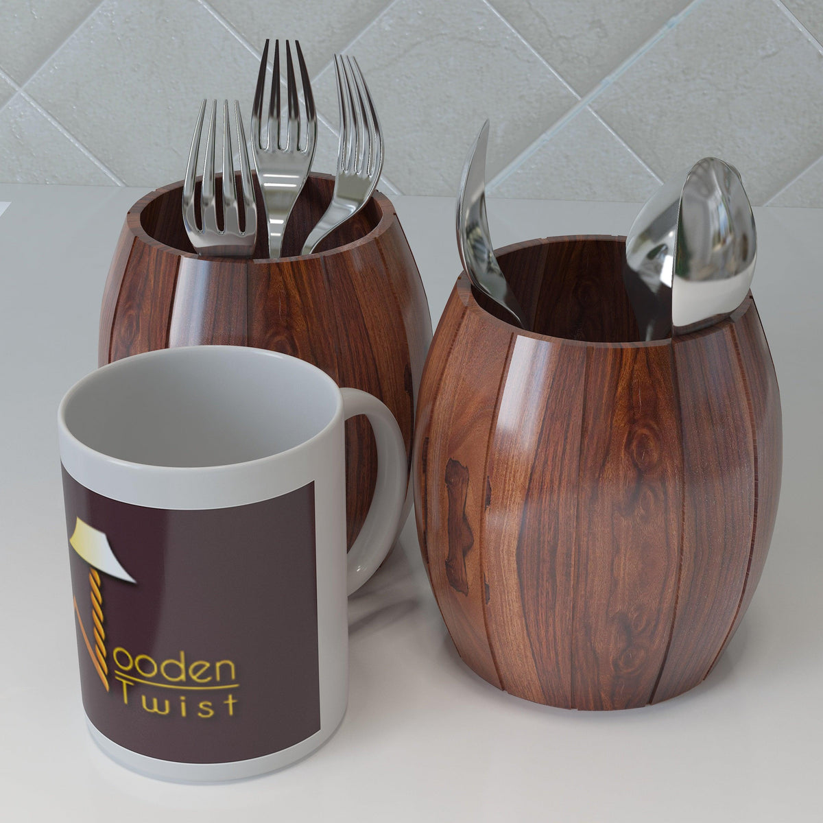 Wooden Barrel Shaped Cutlery Holder & Spoon Holder (Set of 2) - WoodenTwist