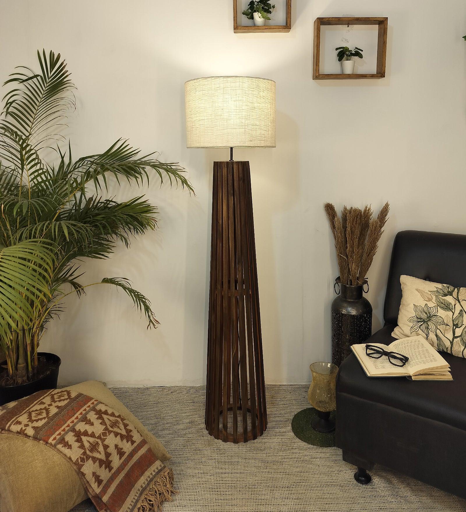 Boho Wooden Floor Lamp with Brown Base and Beige Fabric Lampshade - WoodenTwist