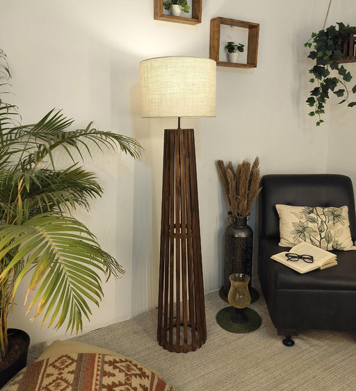 Boho Wooden Floor Lamp with Brown Base and Beige Fabric Lampshade - WoodenTwist