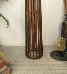 Boho Wooden Floor Lamp with Brown Base and Beige Fabric Lampshade - WoodenTwist