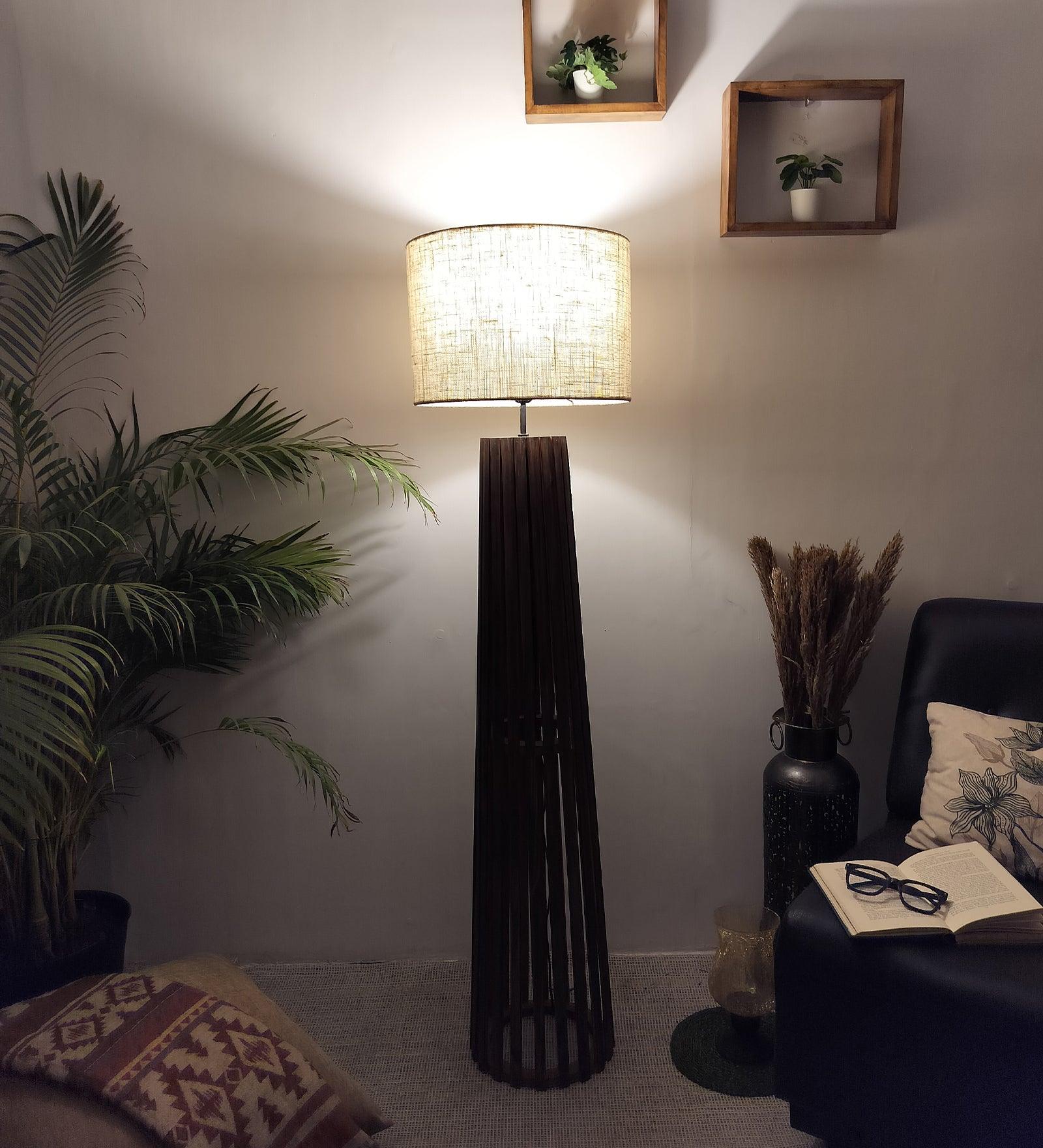 Boho Wooden Floor Lamp with Brown Base and Beige Fabric Lampshade - WoodenTwist