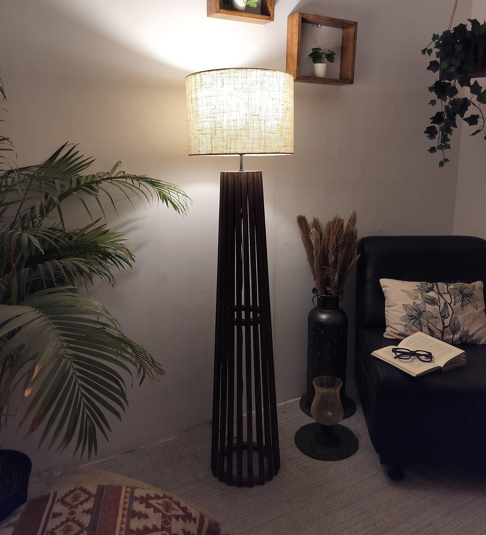 Boho Wooden Floor Lamp with Brown Base and Beige Fabric Lampshade - WoodenTwist