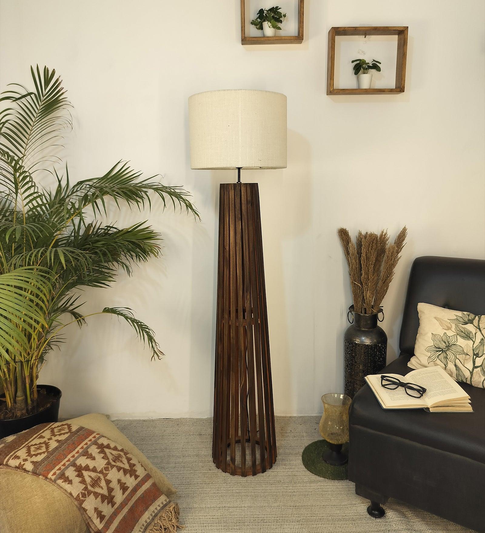 Boho Wooden Floor Lamp with Brown Base and Beige Fabric Lampshade - WoodenTwist