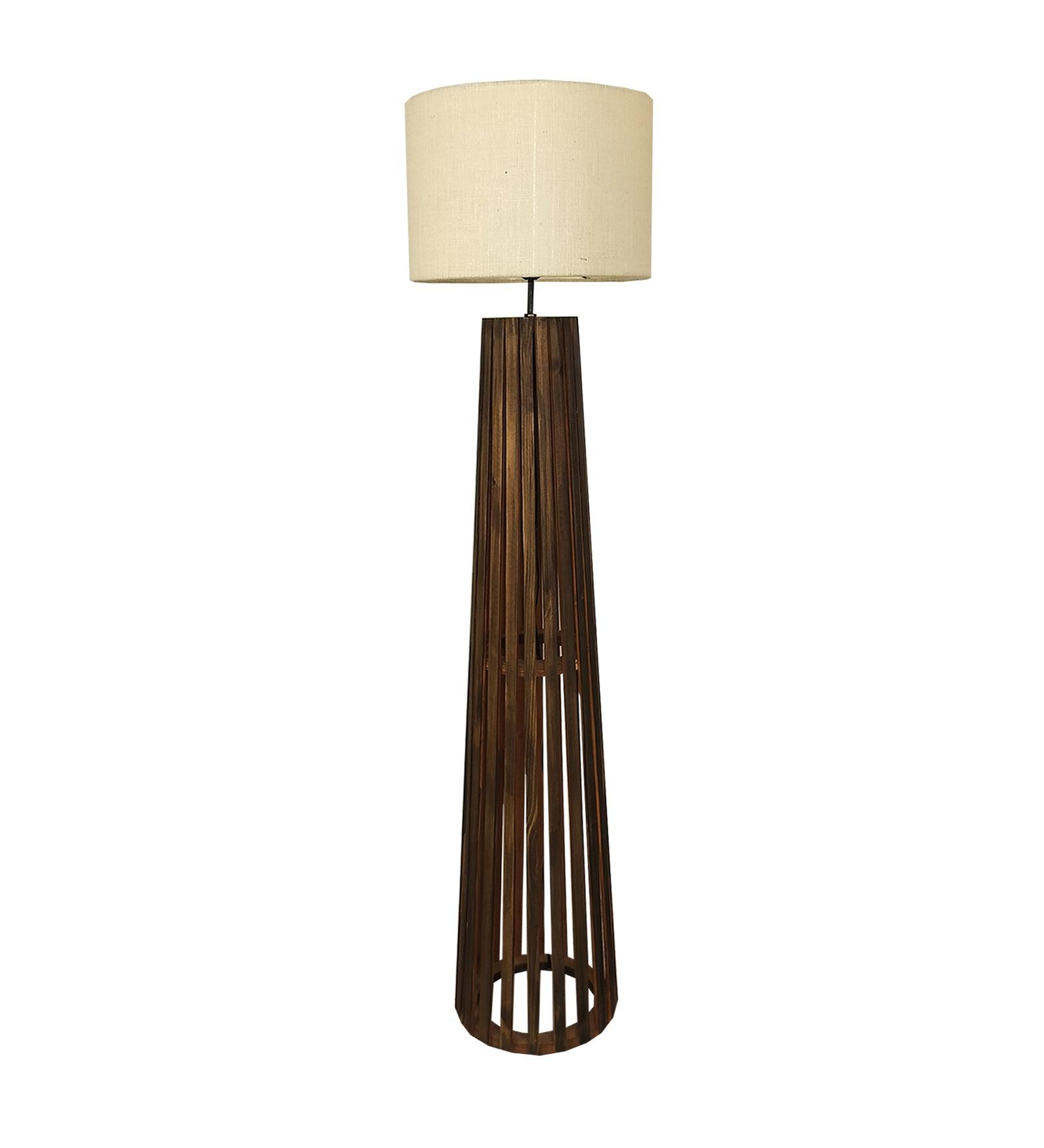 Boho Wooden Floor Lamp with Brown Base and Beige Fabric Lampshade - WoodenTwist