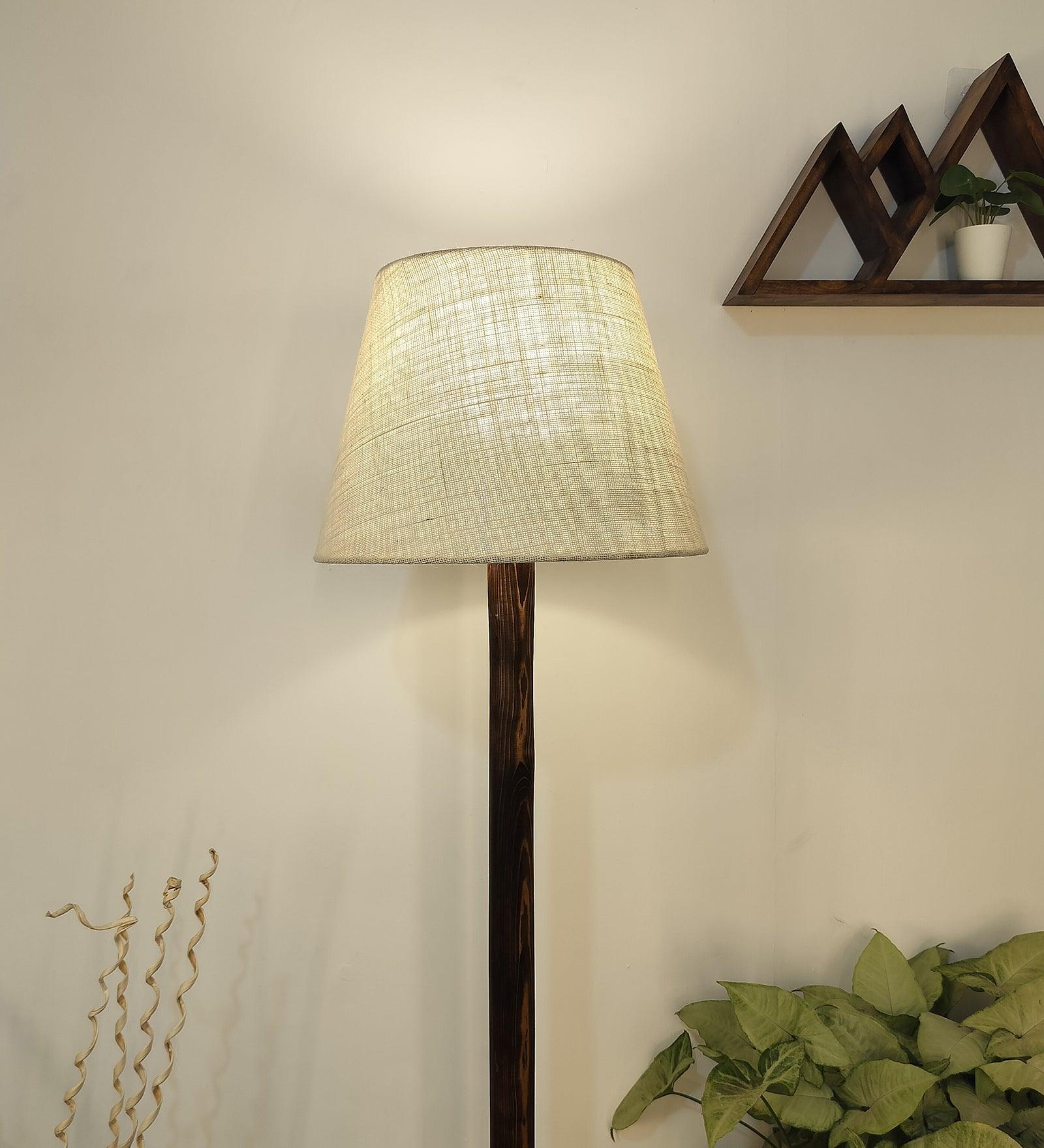 Brice Wooden Floor Lamp with Brown Base and Jute Fabric Lampshade - WoodenTwist