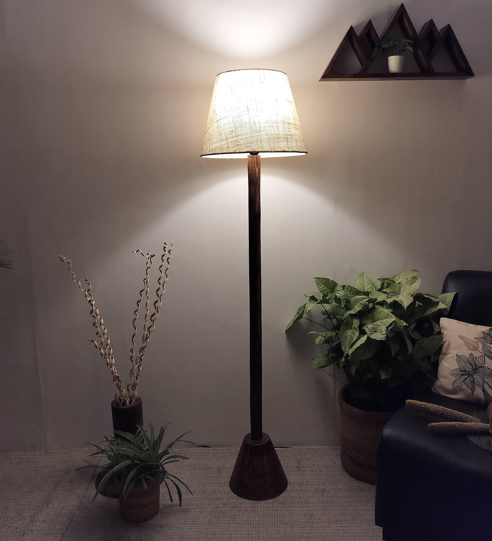 Brice Wooden Floor Lamp with Brown Base and Jute Fabric Lampshade - WoodenTwist