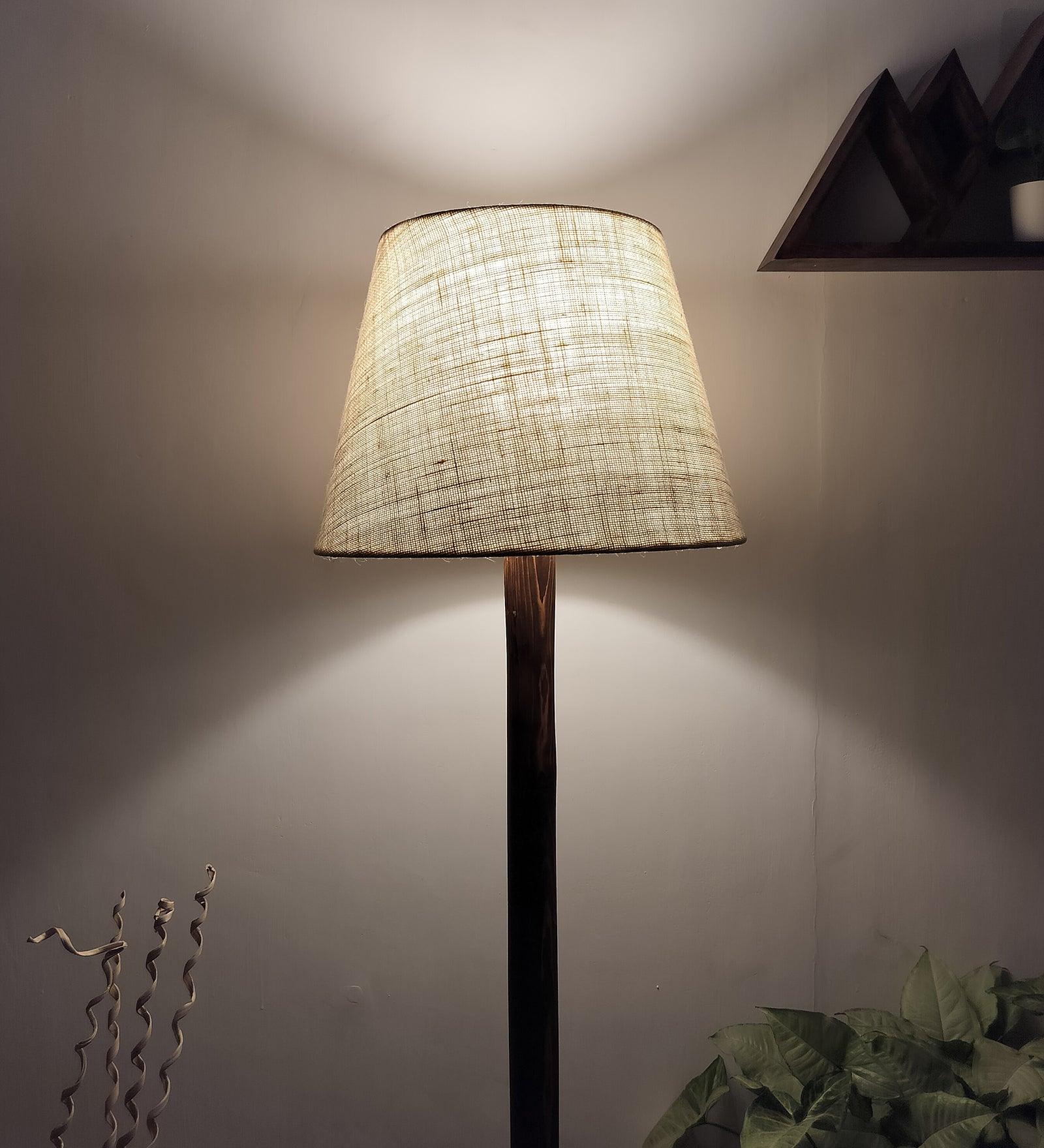 Brice Wooden Floor Lamp with Brown Base and Jute Fabric Lampshade - WoodenTwist