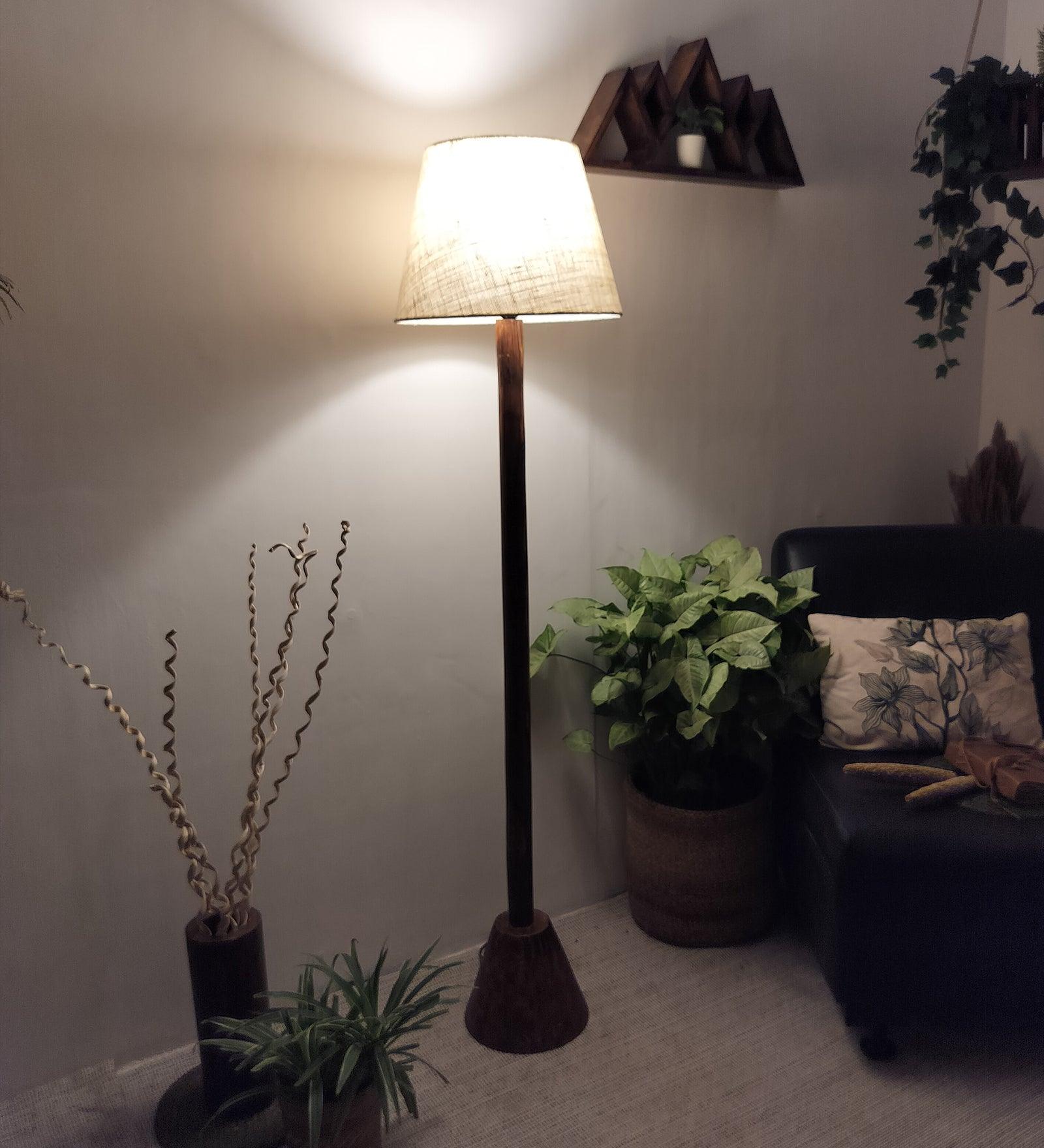 Brice Wooden Floor Lamp with Brown Base and Jute Fabric Lampshade - WoodenTwist