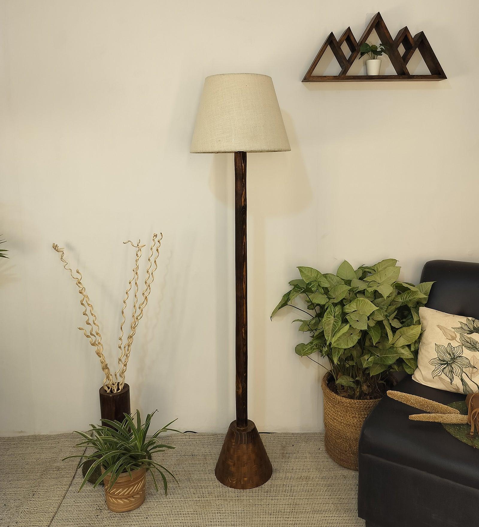 Brice Wooden Floor Lamp with Brown Base and Jute Fabric Lampshade - WoodenTwist