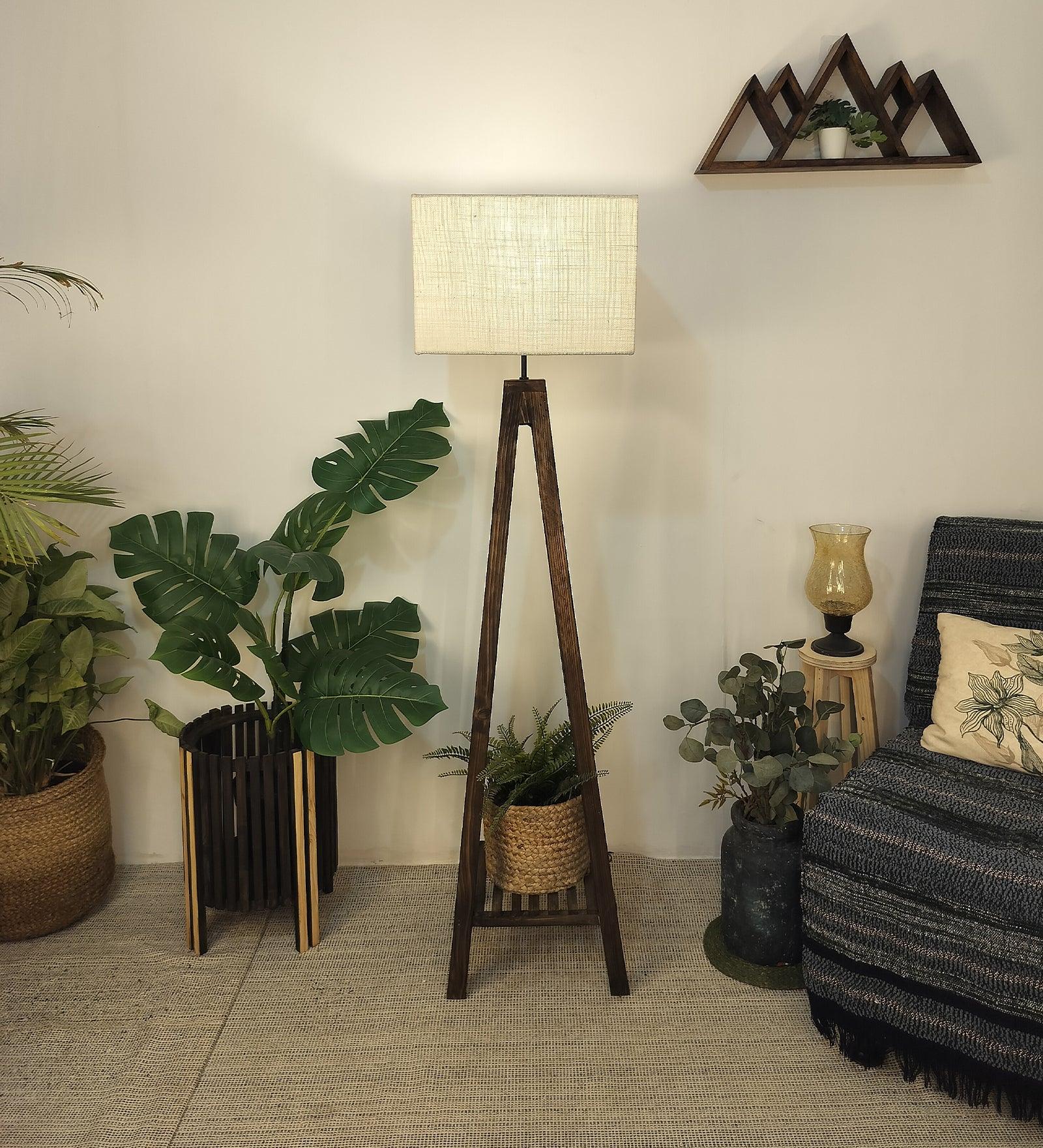 Brielle Wooden Floor Lamp with Brown Base and Beige Fabric Lampshade - WoodenTwist