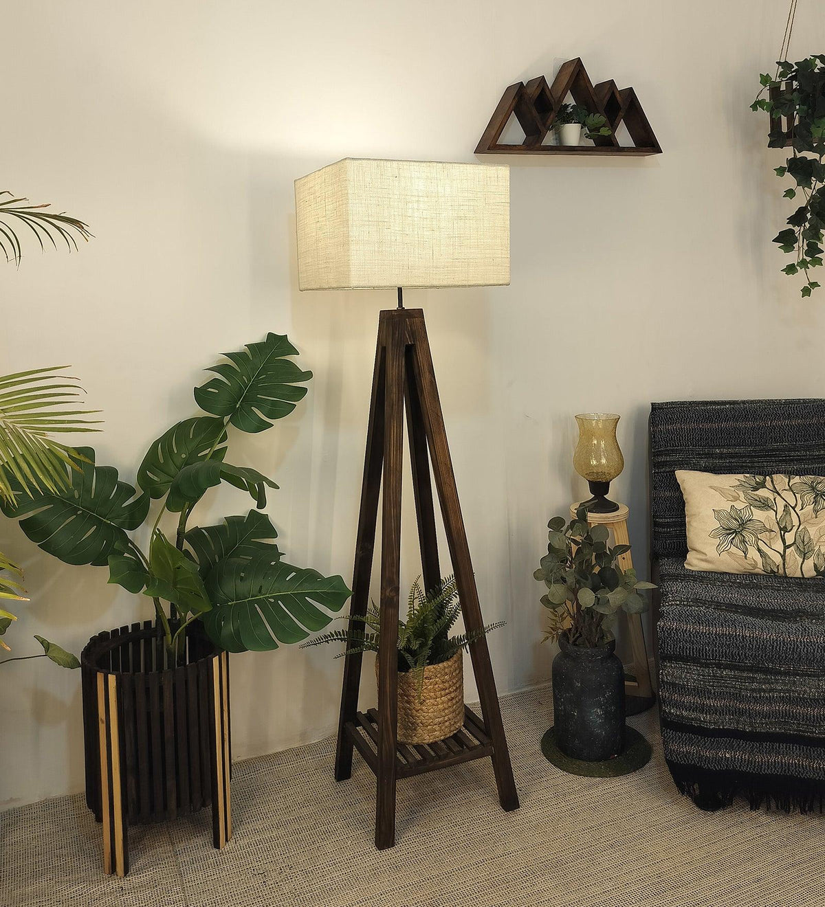 Brielle Wooden Floor Lamp with Brown Base and Beige Fabric Lampshade - WoodenTwist