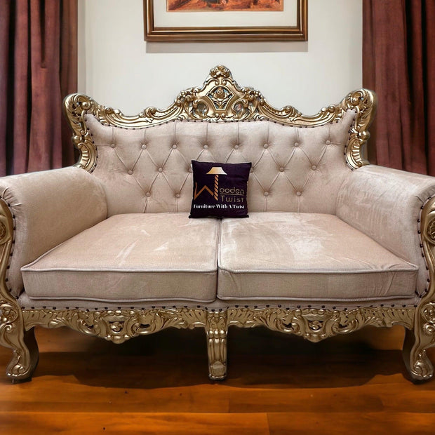 Wooden Boutique French Baroque Style Golden Leaf Hand Carved Sofa (2 Seater) - WoodenTwist