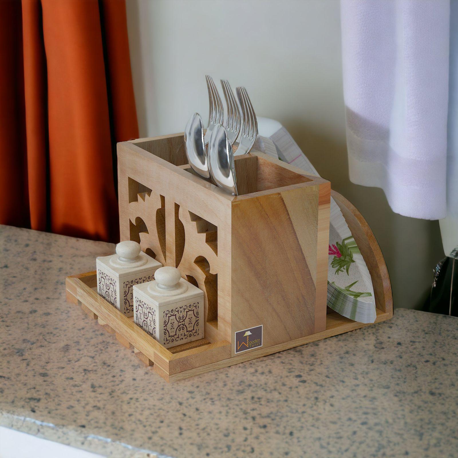 Wooden Twist Neos Teak Wood Cutlery and Tissue Holder ( Natural ) - WoodenTwist