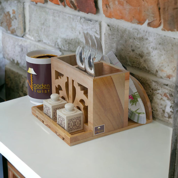 Wooden Twist Neos Teak Wood Cutlery and Tissue Holder ( Natural ) - WoodenTwist