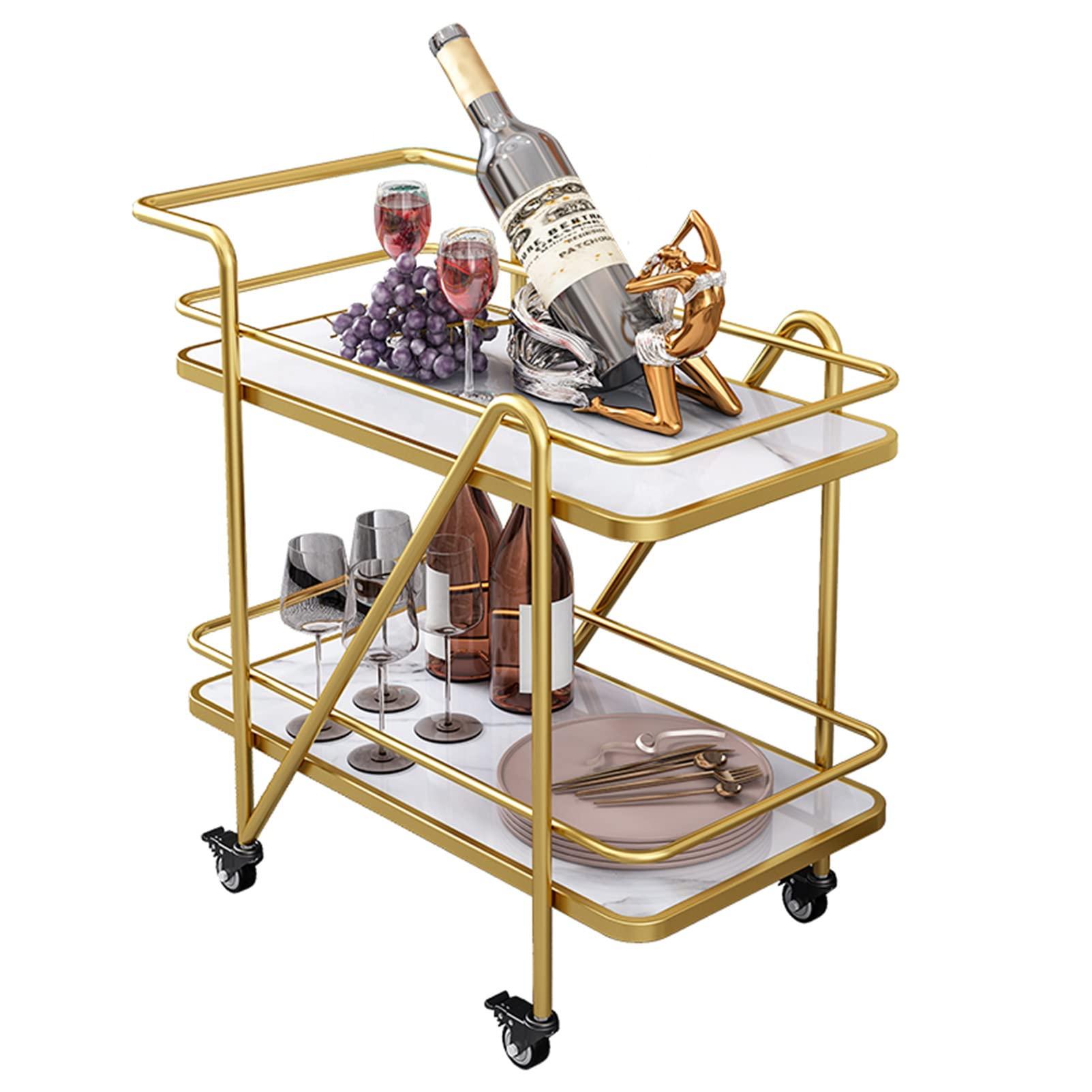 2 Tier Metallic Marble Elegance Rolling Bar Cart - Stylish and Functional Serving Cart with Wheels - WoodenTwist