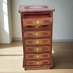 Wooden Twist Crfoza Hand Carved Sheesham Wood Cabinet with 6 Drawers Rustic Storage Organizer for Home Decor