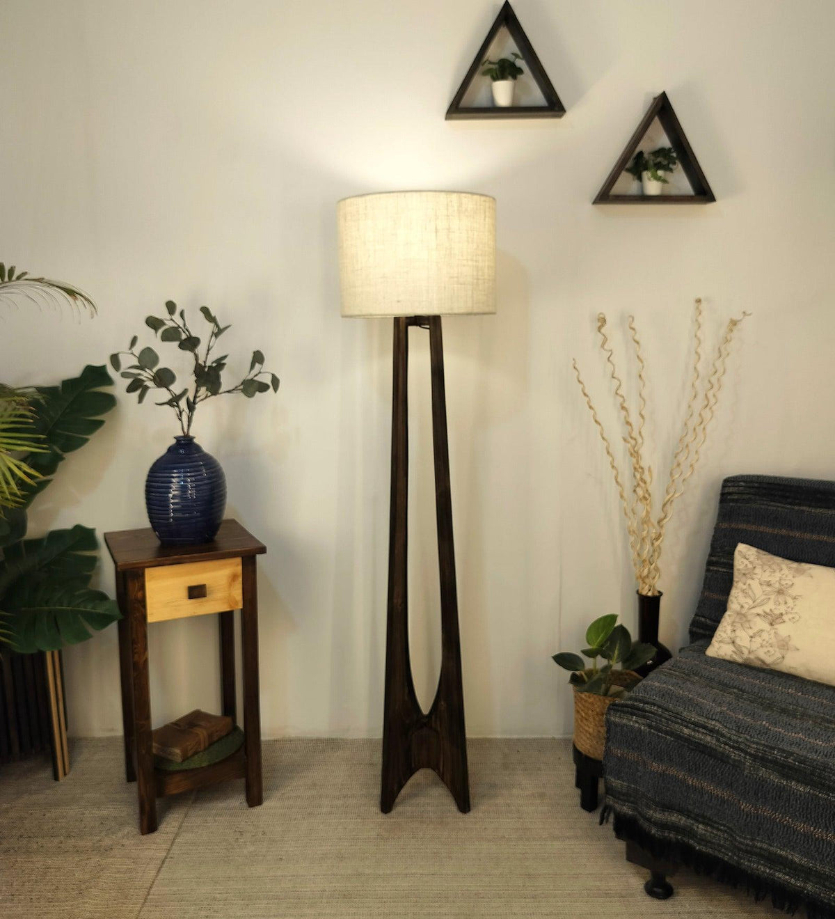 Camille Wooden Floor Lamp with Brown Base and Jute Fabric Lampshade - WoodenTwist