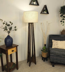 Camille Wooden Floor Lamp with Brown Base and Jute Fabric Lampshade - WoodenTwist