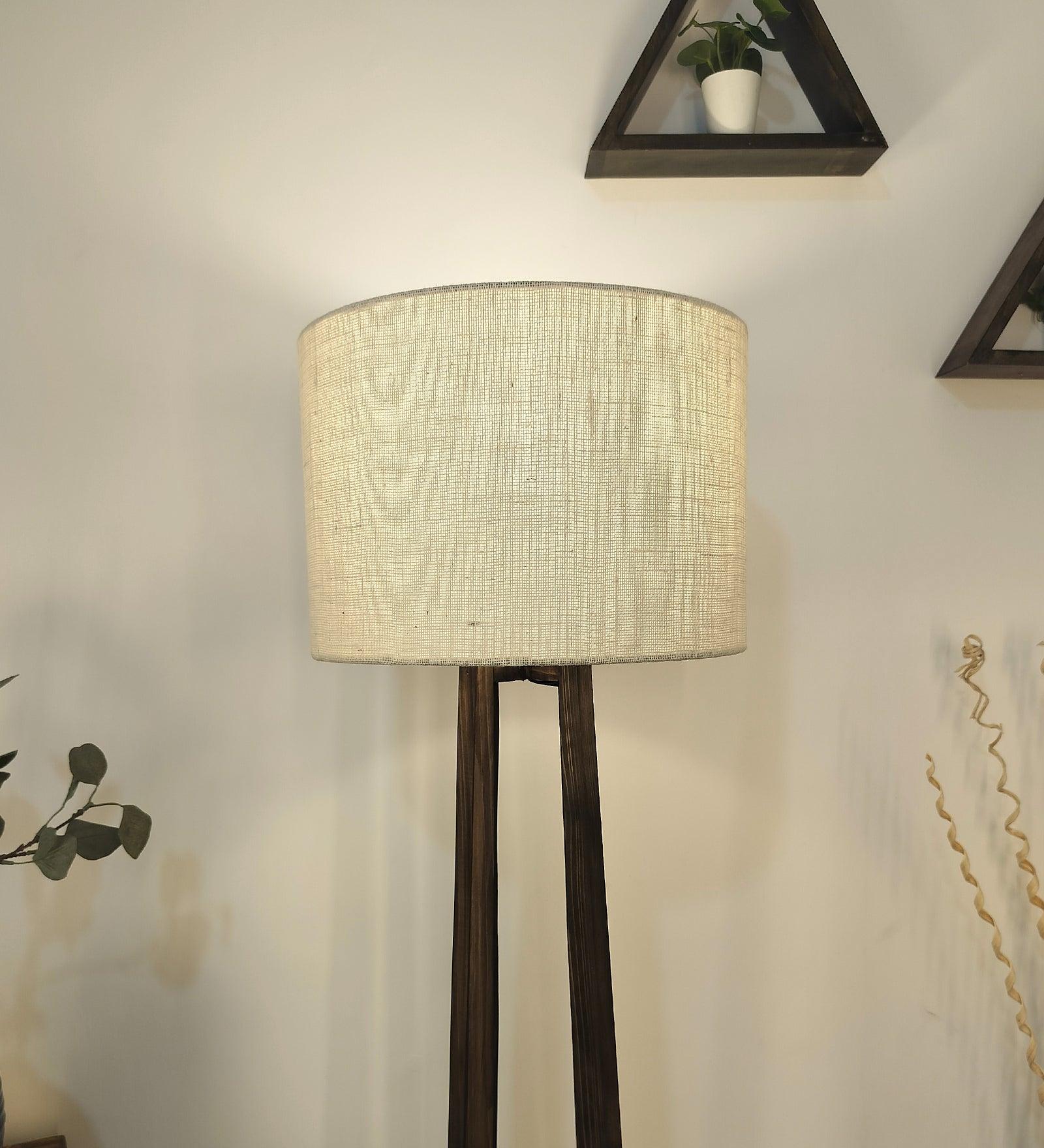 Camille Wooden Floor Lamp with Brown Base and Jute Fabric Lampshade - WoodenTwist