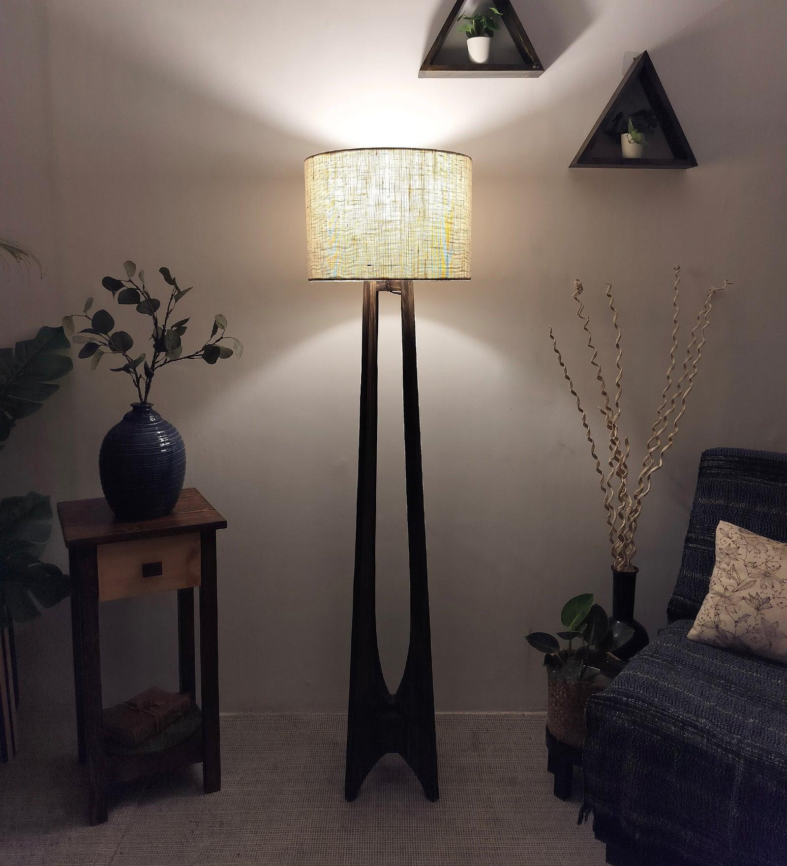 Camille Wooden Floor Lamp with Brown Base and Jute Fabric Lampshade - WoodenTwist