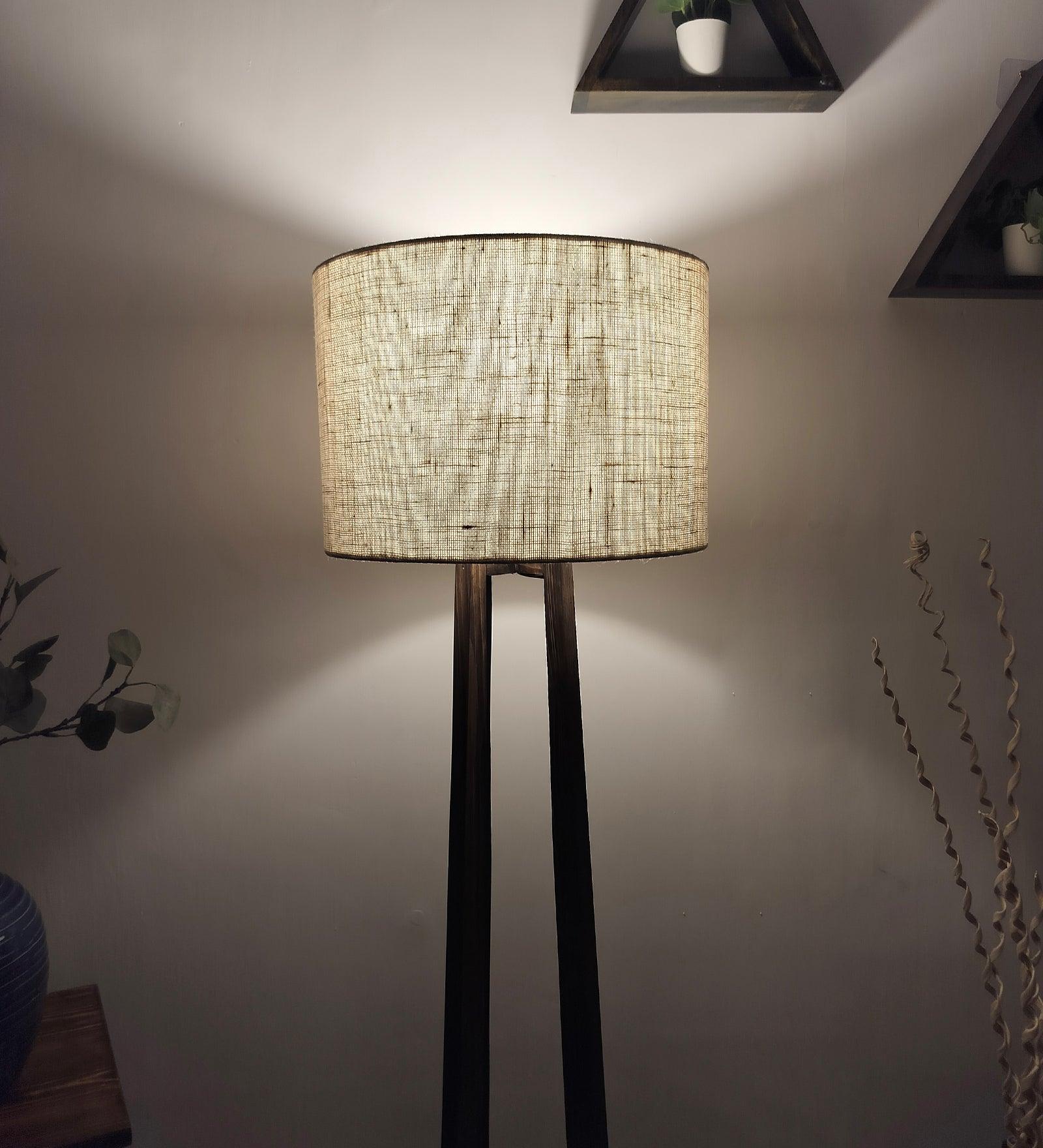 Camille Wooden Floor Lamp with Brown Base and Jute Fabric Lampshade - WoodenTwist