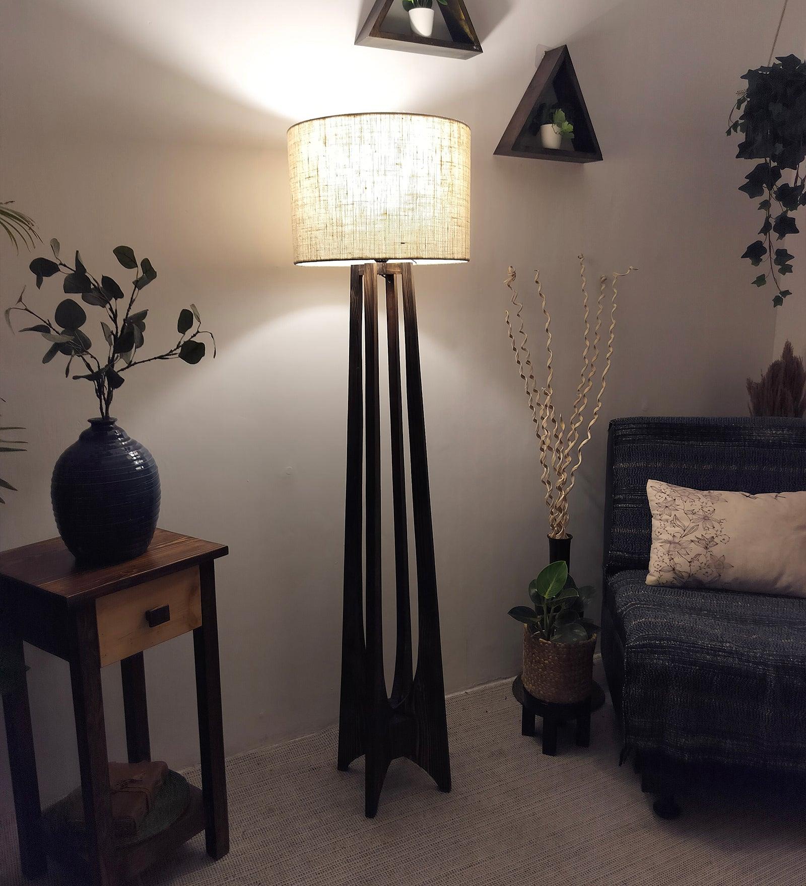 Camille Wooden Floor Lamp with Brown Base and Jute Fabric Lampshade - WoodenTwist